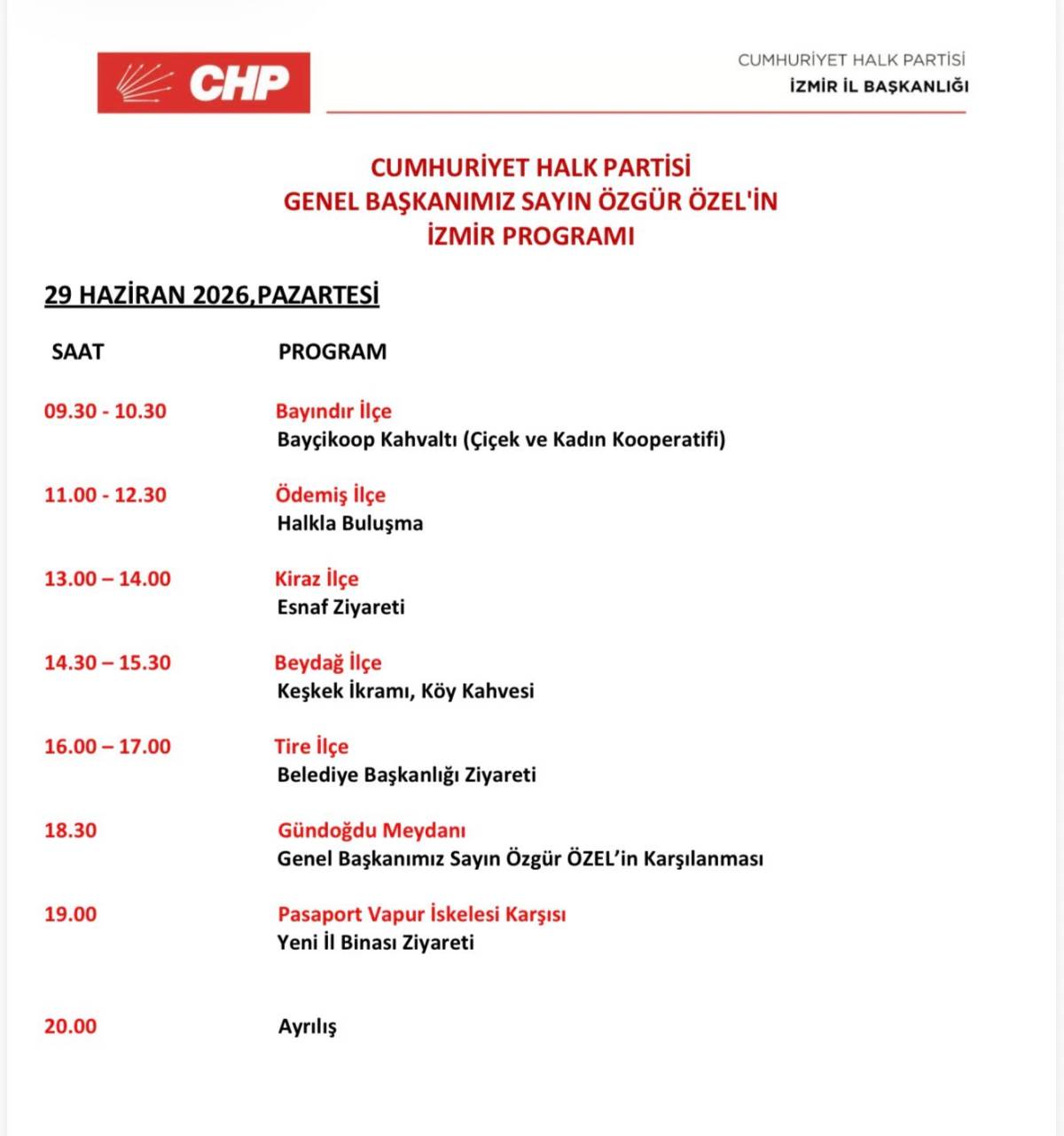 Özgür Özel'in İzmir programı netleşti!